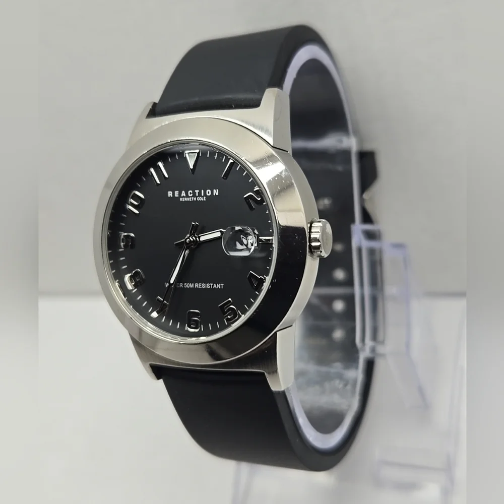 Vintage Mens Kenneth Reaction Silver Tone Quartz Date Watch New Battery RK1001
